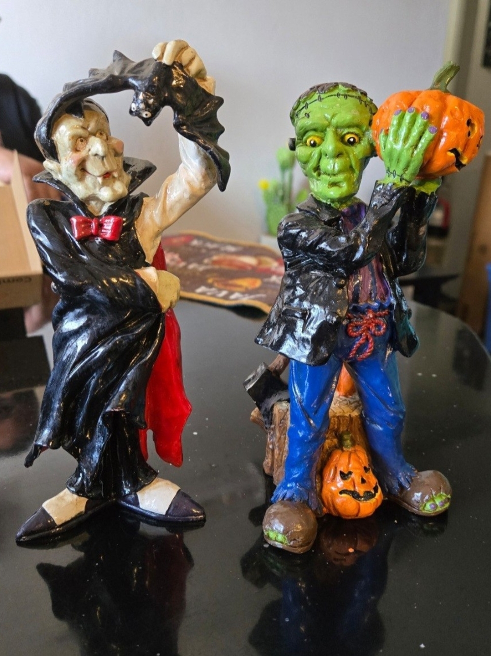 Vintage Halloween Spooky Decor Set: Frankenstein & Vampire with Bat Figurines